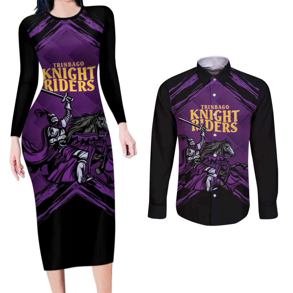 Custom Caribbean Cricket Trinidad and Tobago Cricket Couples Matching Long Sleeve Bodycon Dress and Long Sleeve Button Shirt TKR Champions 2025 Purple Edition - Wonder Print Shop