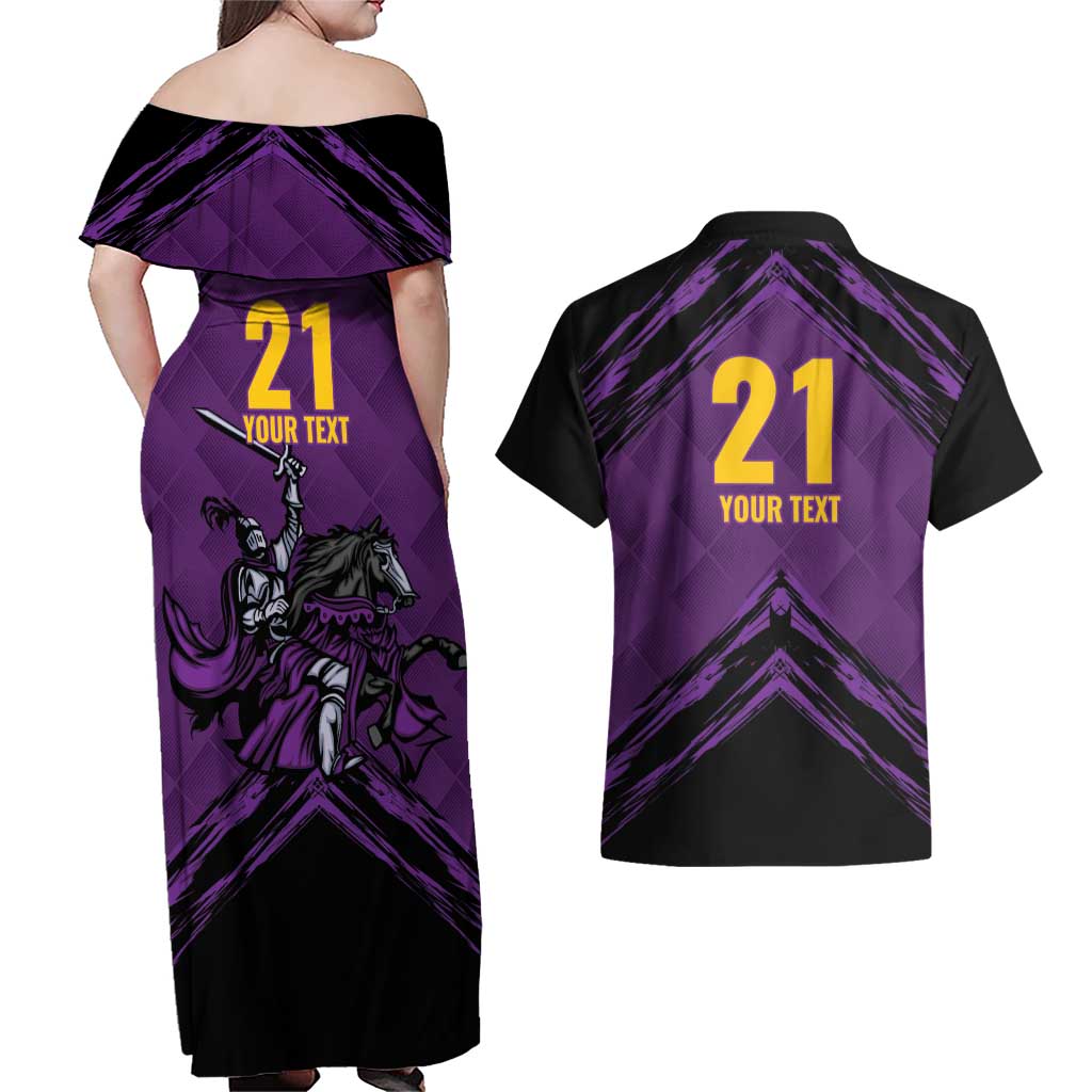 Custom Caribbean Cricket Trinidad and Tobago Cricket Couples Matching Off Shoulder Maxi Dress and Hawaiian Shirt TKR Champions 2025 Purple Edition - Wonder Print Shop