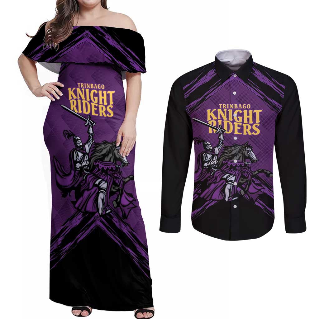 Custom Caribbean Cricket Trinidad and Tobago Cricket Couples Matching Off Shoulder Maxi Dress and Long Sleeve Button Shirt TKR Champions 2025 Purple Edition - Wonder Print Shop
