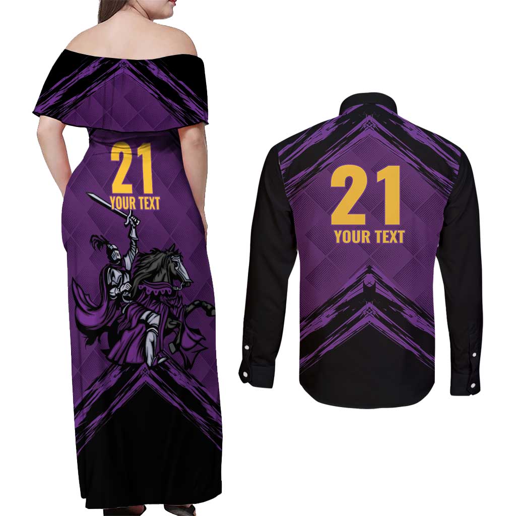 Custom Caribbean Cricket Trinidad and Tobago Cricket Couples Matching Off Shoulder Maxi Dress and Long Sleeve Button Shirt TKR Champions 2025 Purple Edition - Wonder Print Shop