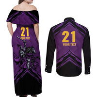 Custom Caribbean Cricket Trinidad and Tobago Cricket Couples Matching Off Shoulder Maxi Dress and Long Sleeve Button Shirt TKR Champions 2025 Purple Edition - Wonder Print Shop
