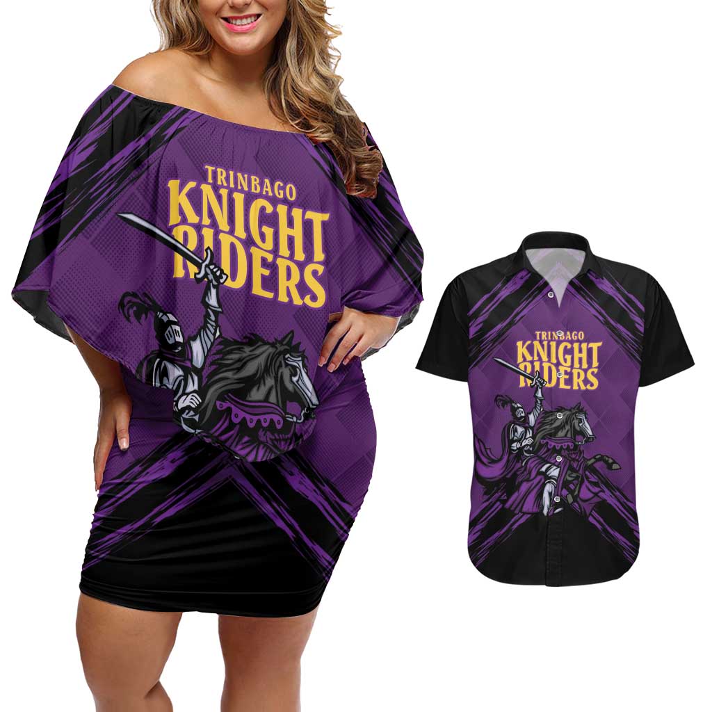 Custom Caribbean Cricket Trinidad and Tobago Cricket Couples Matching Off Shoulder Short Dress and Hawaiian Shirt TKR Champions 2025 Purple Edition - Wonder Print Shop