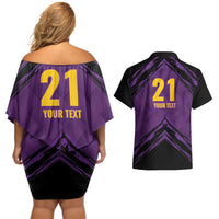 Custom Caribbean Cricket Trinidad and Tobago Cricket Couples Matching Off Shoulder Short Dress and Hawaiian Shirt TKR Champions 2025 Purple Edition - Wonder Print Shop