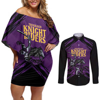 Custom Caribbean Cricket Trinidad and Tobago Cricket Couples Matching Off Shoulder Short Dress and Long Sleeve Button Shirt TKR Champions 2025 Purple Edition - Wonder Print Shop