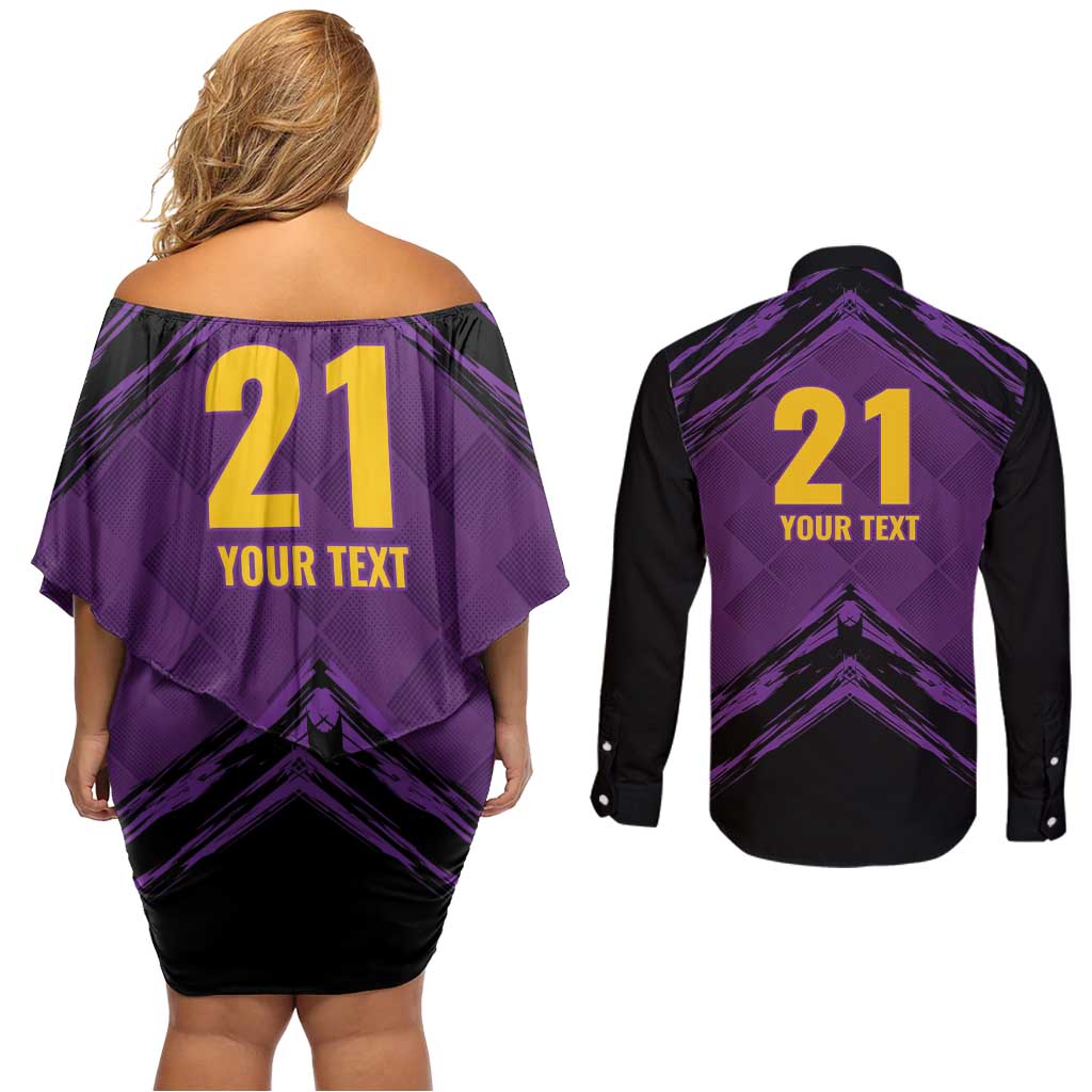 Custom Caribbean Cricket Trinidad and Tobago Cricket Couples Matching Off Shoulder Short Dress and Long Sleeve Button Shirt TKR Champions 2025 Purple Edition - Wonder Print Shop