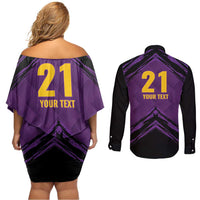 Custom Caribbean Cricket Trinidad and Tobago Cricket Couples Matching Off Shoulder Short Dress and Long Sleeve Button Shirt TKR Champions 2025 Purple Edition - Wonder Print Shop
