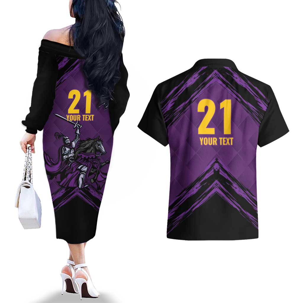 Custom Caribbean Cricket Trinidad and Tobago Cricket Couples Matching Off The Shoulder Long Sleeve Dress and Hawaiian Shirt TKR Champions 2025 Purple Edition - Wonder Print Shop