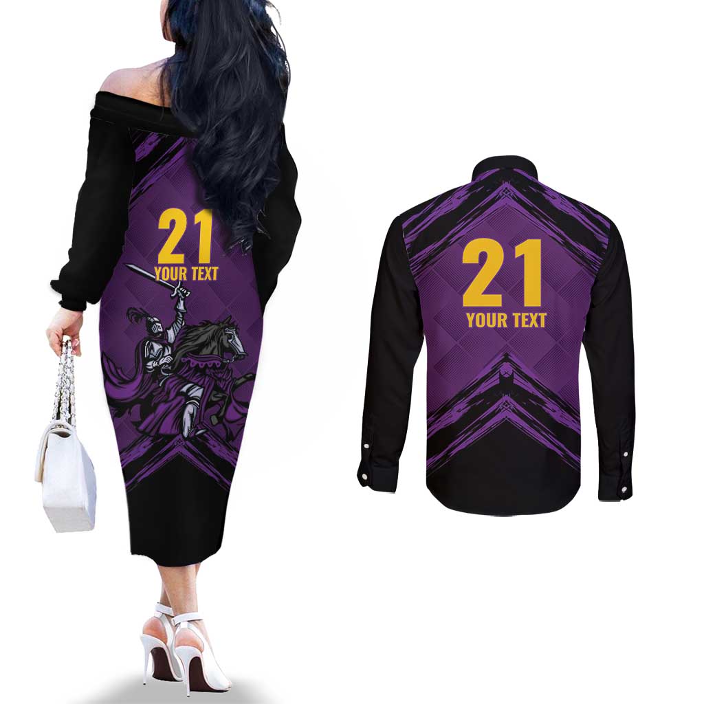 Custom Caribbean Cricket Trinidad and Tobago Cricket Couples Matching Off The Shoulder Long Sleeve Dress and Long Sleeve Button Shirt TKR Champions 2025 Purple Edition - Wonder Print Shop