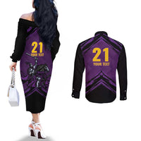 Custom Caribbean Cricket Trinidad and Tobago Cricket Couples Matching Off The Shoulder Long Sleeve Dress and Long Sleeve Button Shirt TKR Champions 2025 Purple Edition - Wonder Print Shop