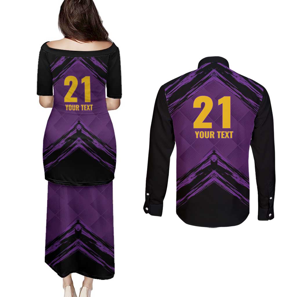 Custom Caribbean Cricket Trinidad and Tobago Cricket Couples Matching Puletasi and Long Sleeve Button Shirt TKR Champions 2025 Purple Edition - Wonder Print Shop