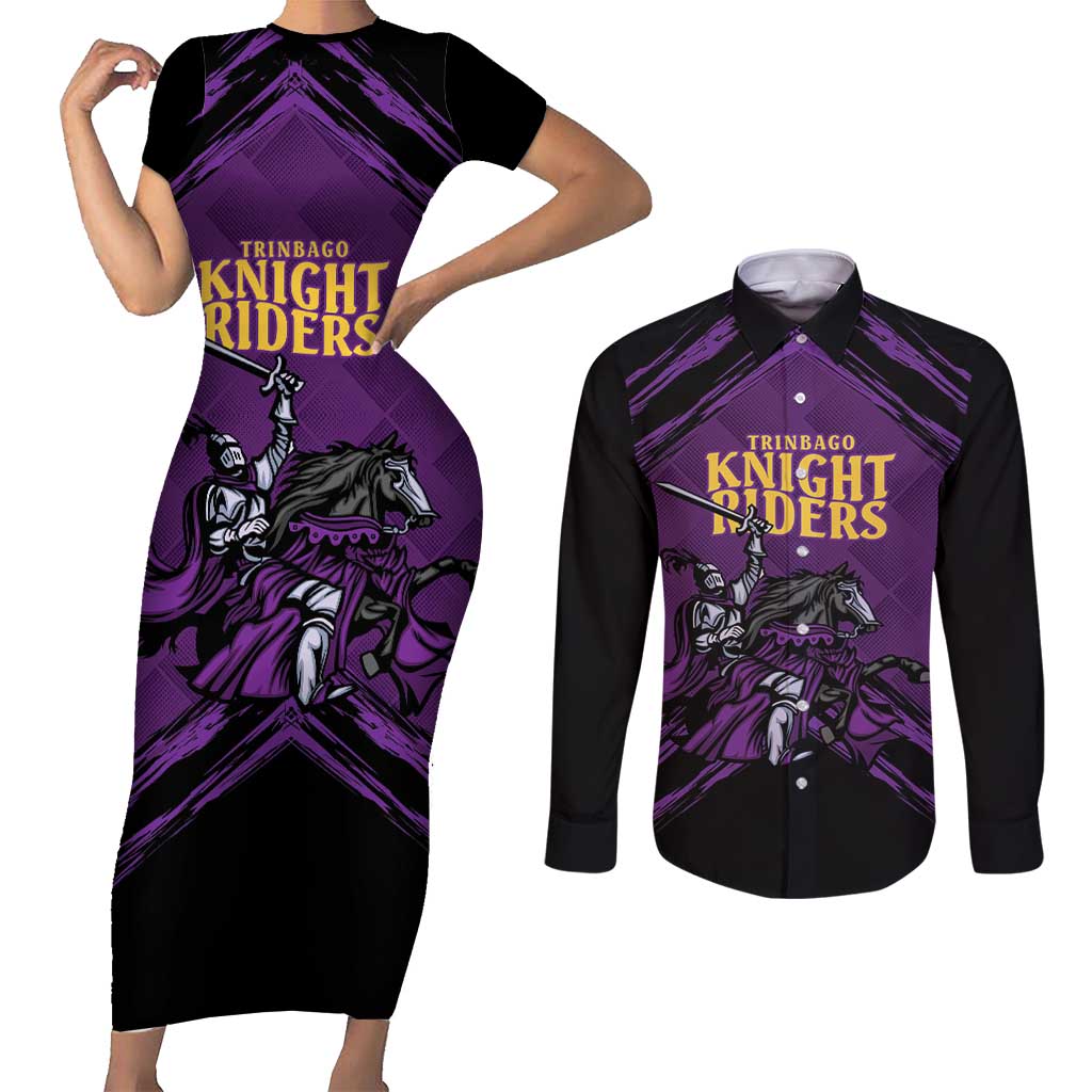 Custom Caribbean Cricket Trinidad and Tobago Cricket Couples Matching Short Sleeve Bodycon Dress and Long Sleeve Button Shirt TKR Champions 2025 Purple Edition - Wonder Print Shop