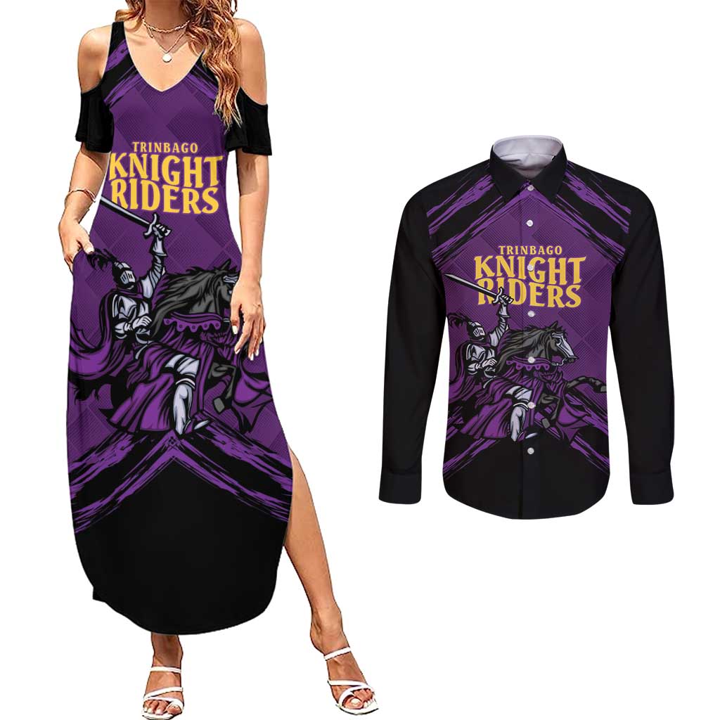 Custom Caribbean Cricket Trinidad and Tobago Cricket Couples Matching Summer Maxi Dress and Long Sleeve Button Shirt TKR Champions 2025 Purple Edition - Wonder Print Shop