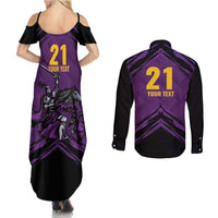 Custom Caribbean Cricket Trinidad and Tobago Cricket Couples Matching Summer Maxi Dress and Long Sleeve Button Shirt TKR Champions 2025 Purple Edition - Wonder Print Shop