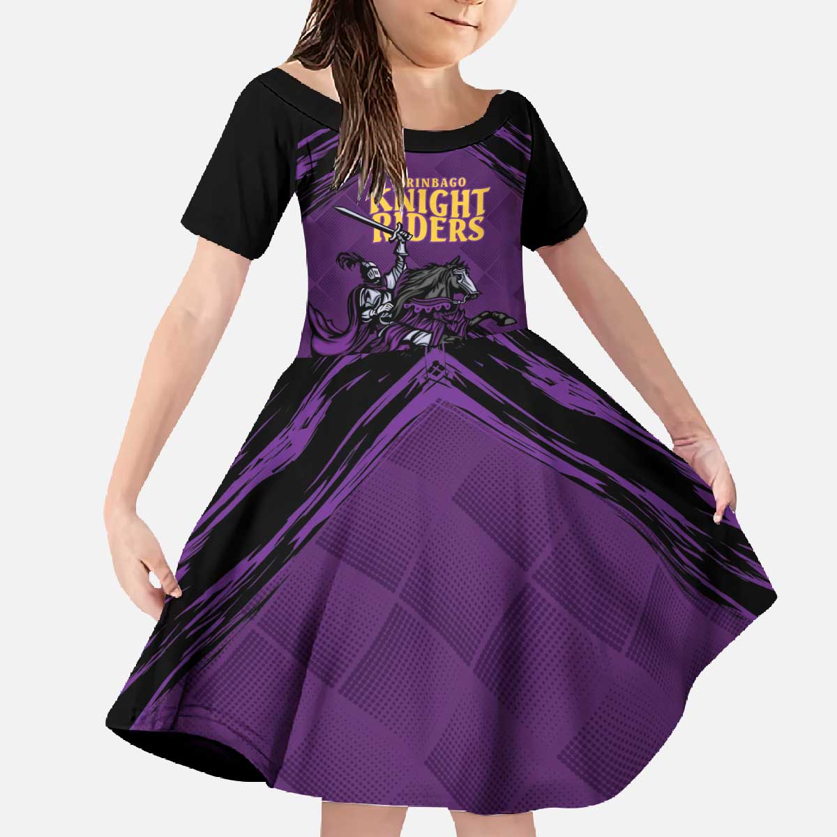 Custom Caribbean Cricket Trinidad and Tobago Cricket Family Matching Off The Shoulder Long Sleeve Dress and Hawaiian Shirt TKR Champions 2025 Purple Edition - Wonder Print Shop