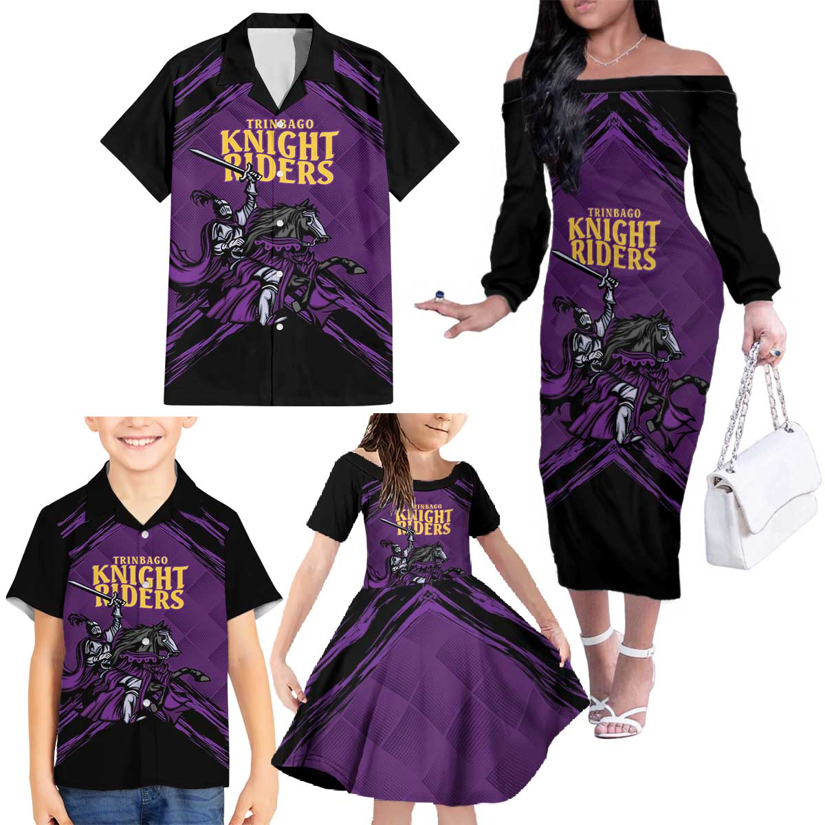 Custom Caribbean Cricket Trinidad and Tobago Cricket Family Matching Off The Shoulder Long Sleeve Dress and Hawaiian Shirt TKR Champions 2025 Purple Edition - Wonder Print Shop