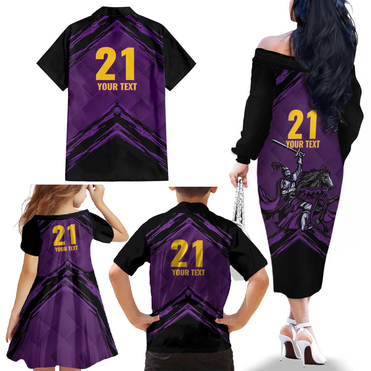 Custom Caribbean Cricket Trinidad and Tobago Cricket Family Matching Off The Shoulder Long Sleeve Dress and Hawaiian Shirt TKR Champions 2025 Purple Edition - Wonder Print Shop