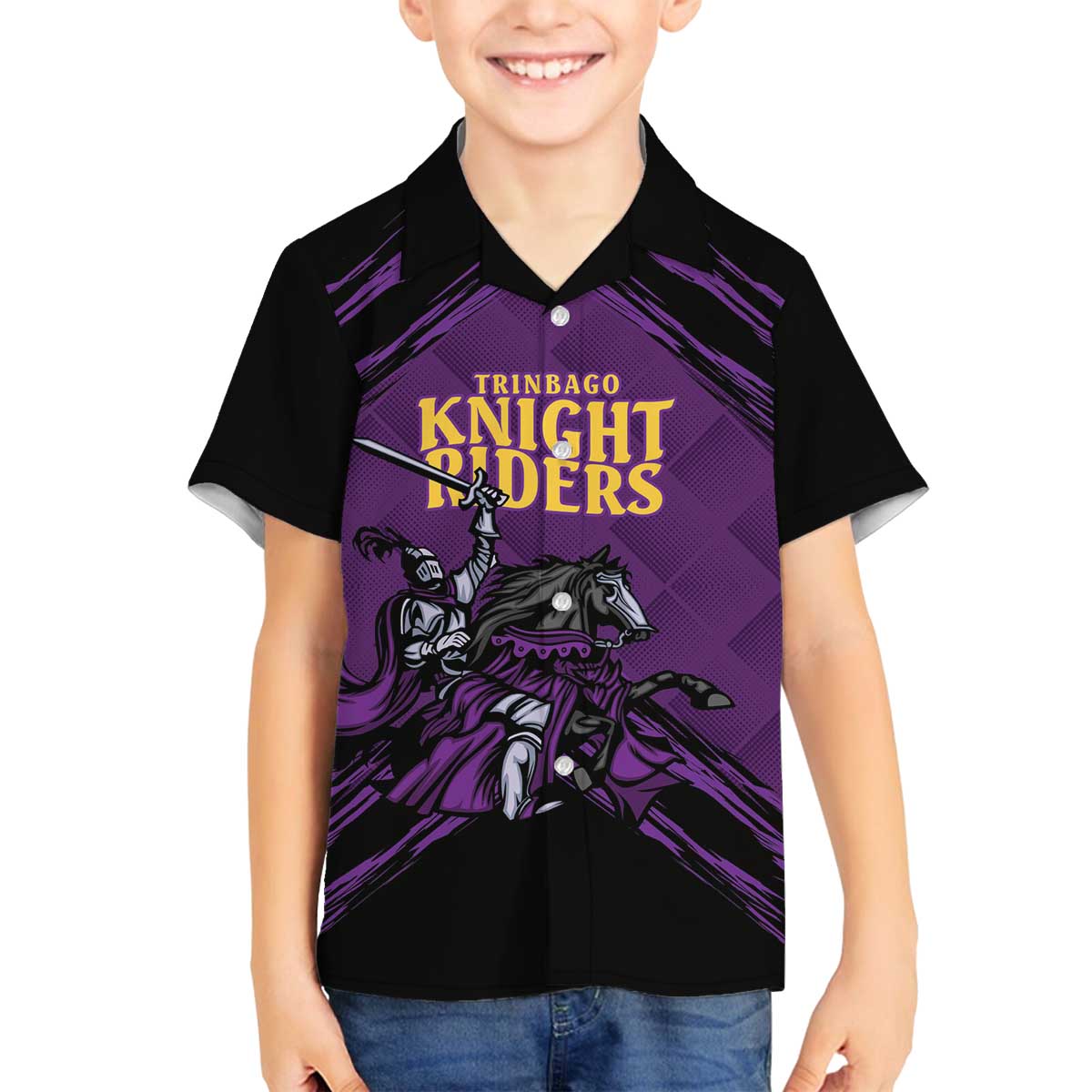 Custom Caribbean Cricket Trinidad and Tobago Cricket Family Matching Off The Shoulder Long Sleeve Dress and Hawaiian Shirt TKR Champions 2025 Purple Edition - Wonder Print Shop