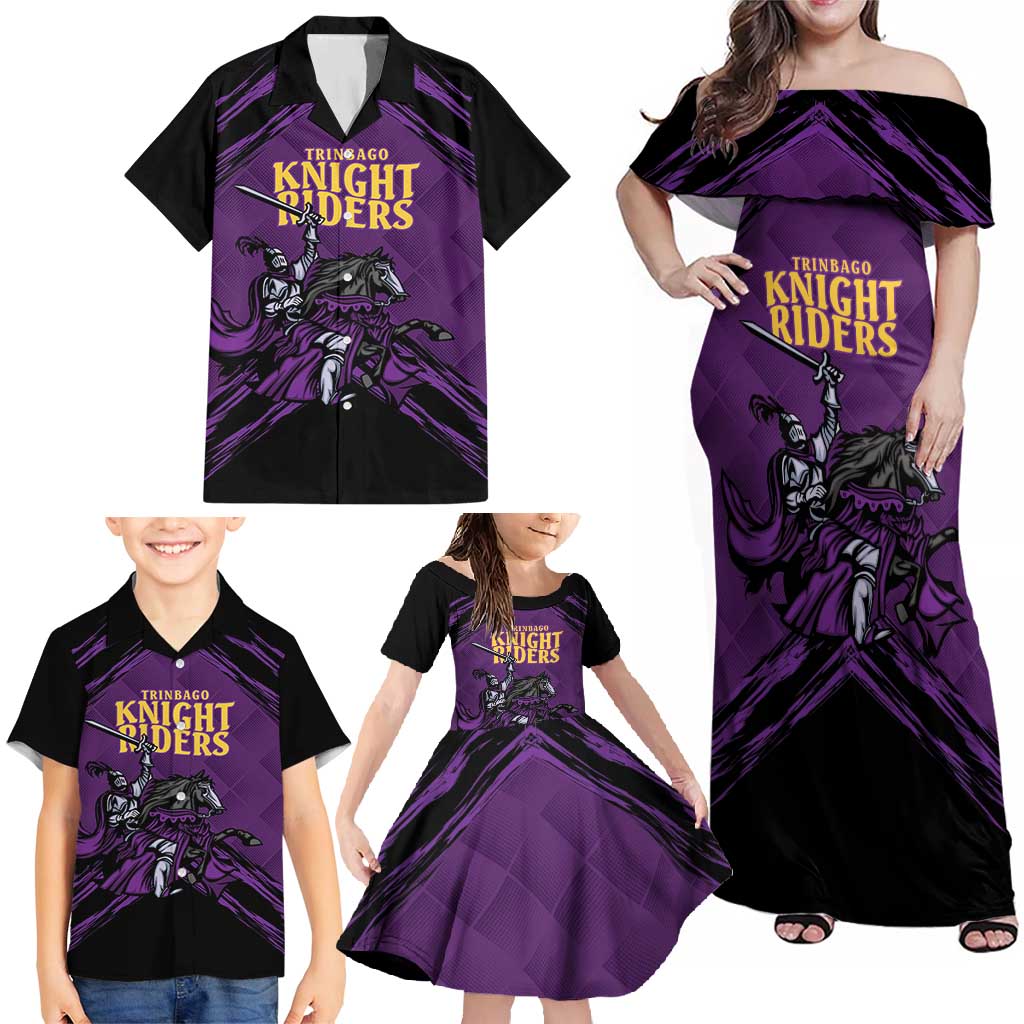 Custom Caribbean Cricket Trinidad and Tobago Cricket Family Matching Off Shoulder Maxi Dress and Hawaiian Shirt TKR Champions 2025 Purple Edition - Wonder Print Shop