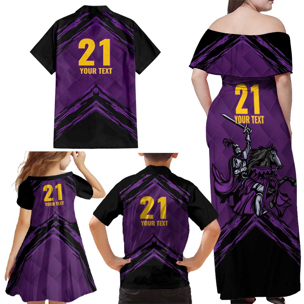 Custom Caribbean Cricket Trinidad and Tobago Cricket Family Matching Off Shoulder Maxi Dress and Hawaiian Shirt TKR Champions 2025 Purple Edition - Wonder Print Shop