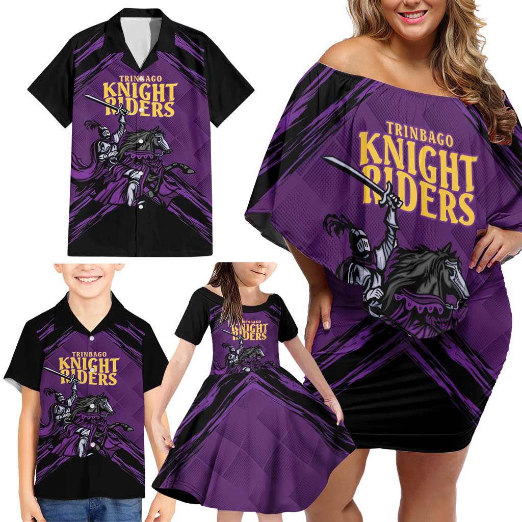 Custom Caribbean Cricket Trinidad and Tobago Cricket Family Matching Off Shoulder Short Dress and Hawaiian Shirt TKR Champions 2025 Purple Edition - Wonder Print Shop