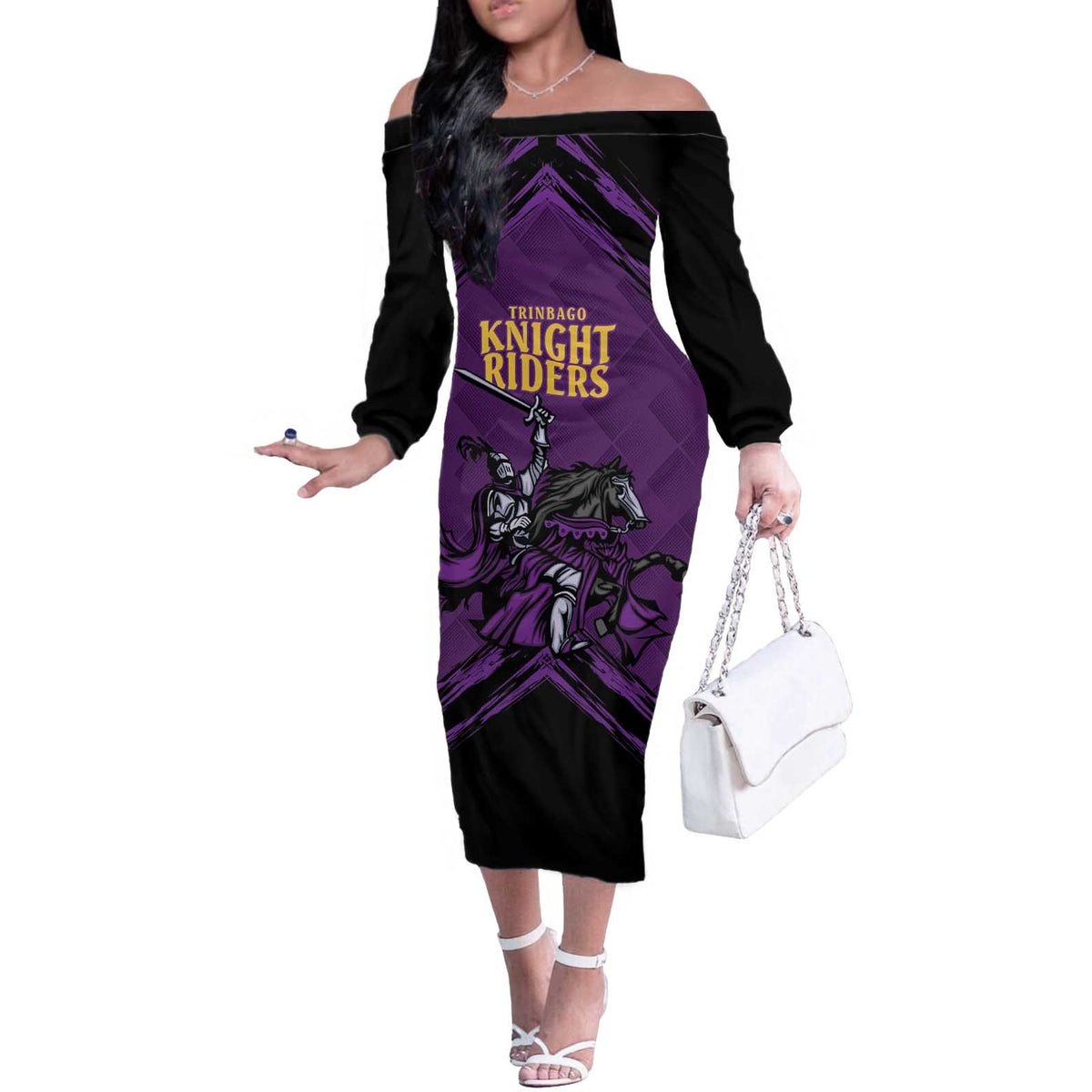 Custom Caribbean Cricket Trinidad and Tobago Cricket Off The Shoulder Long Sleeve Dress TKR Champions 2025 Purple Edition - Wonder Print Shop