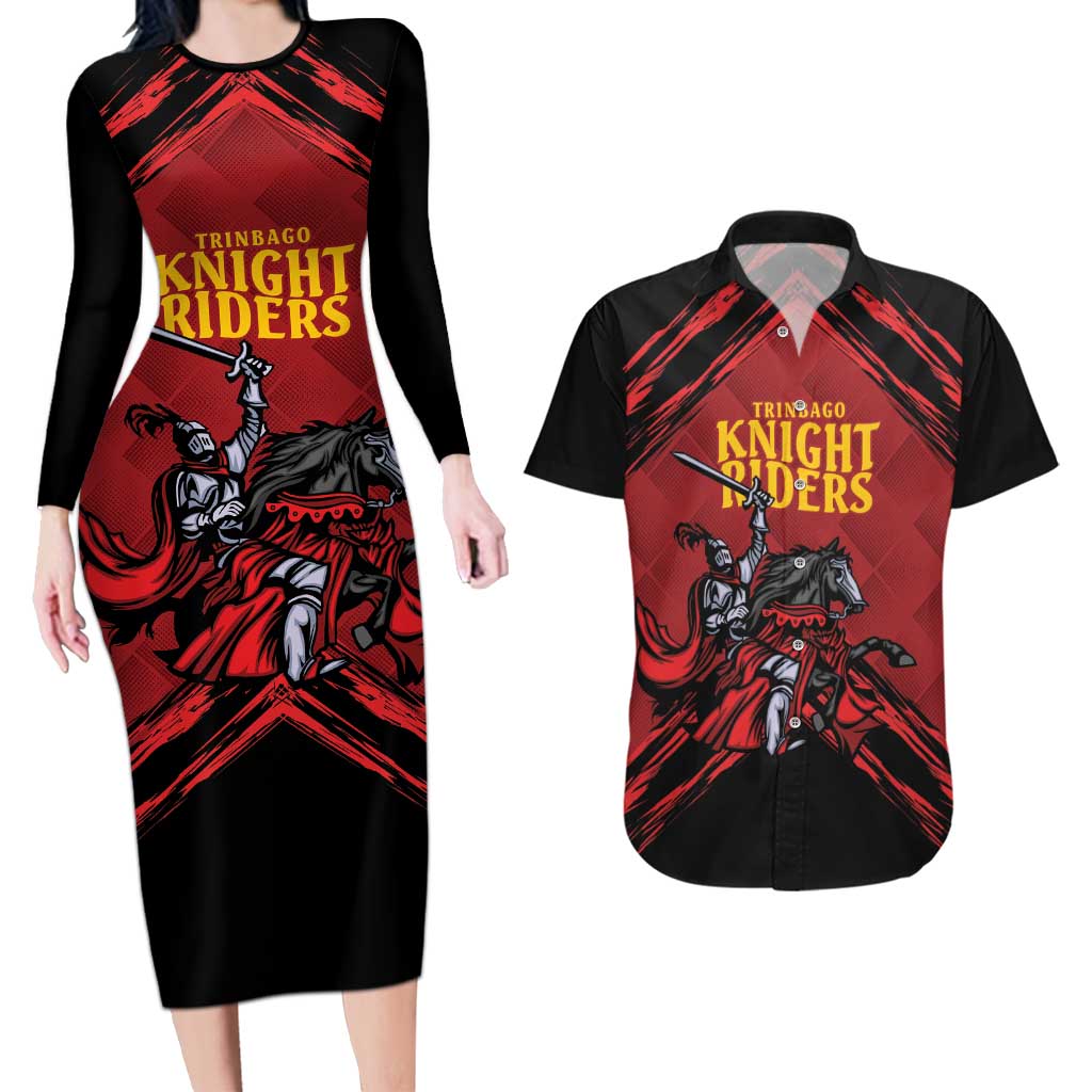 Custom Caribbean Cricket Trinidad and Tobago Cricket Couples Matching Long Sleeve Bodycon Dress and Hawaiian Shirt TKR Champions 2025 Red Edition - Wonder Print Shop