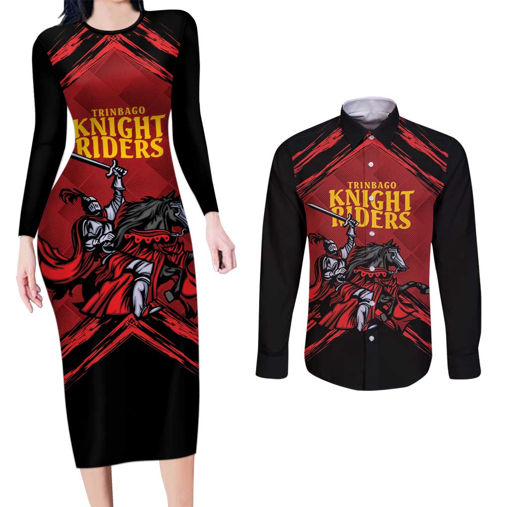 Custom Caribbean Cricket Trinidad and Tobago Cricket Couples Matching Long Sleeve Bodycon Dress and Long Sleeve Button Shirt TKR Champions 2025 Red Edition - Wonder Print Shop