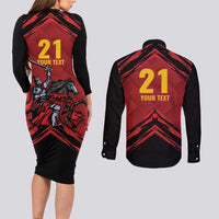 Custom Caribbean Cricket Trinidad and Tobago Cricket Couples Matching Long Sleeve Bodycon Dress and Long Sleeve Button Shirt TKR Champions 2025 Red Edition - Wonder Print Shop
