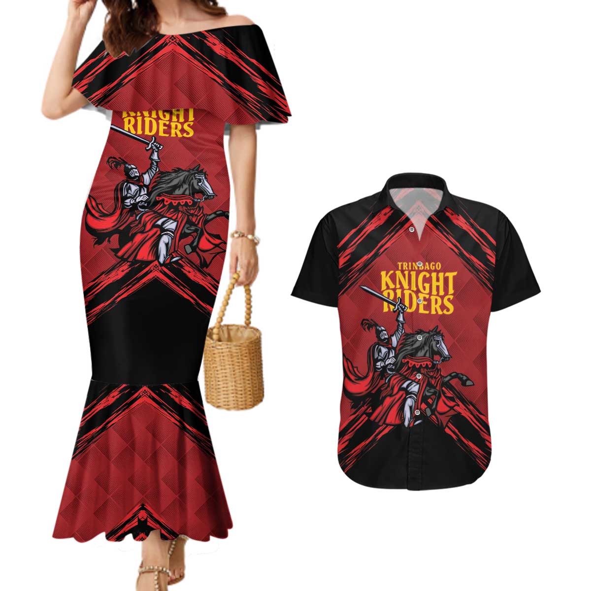 Custom Caribbean Cricket Trinidad and Tobago Cricket Couples Matching Mermaid Dress and Hawaiian Shirt TKR Champions 2025 Red Edition - Wonder Print Shop