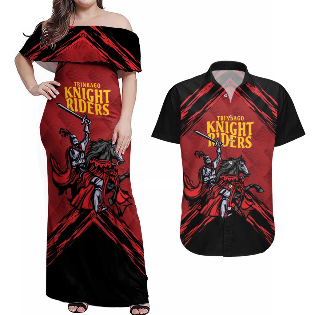 Custom Caribbean Cricket Trinidad and Tobago Cricket Couples Matching Off Shoulder Maxi Dress and Hawaiian Shirt TKR Champions 2025 Red Edition - Wonder Print Shop