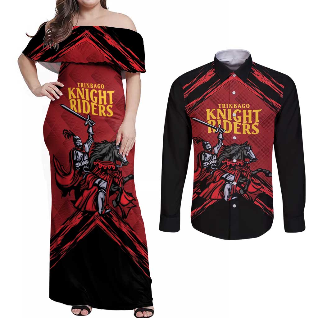 Custom Caribbean Cricket Trinidad and Tobago Cricket Couples Matching Off Shoulder Maxi Dress and Long Sleeve Button Shirt TKR Champions 2025 Red Edition - Wonder Print Shop