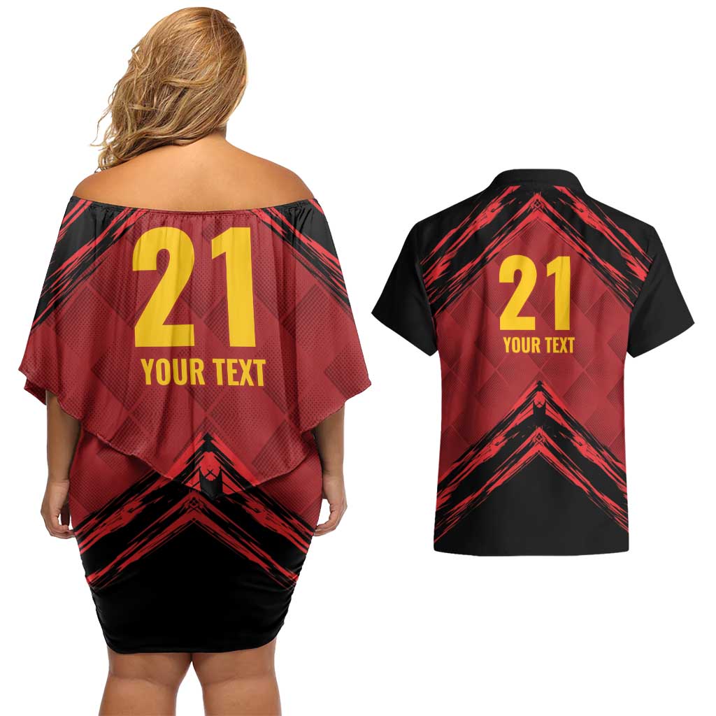 Custom Caribbean Cricket Trinidad and Tobago Cricket Couples Matching Off Shoulder Short Dress and Hawaiian Shirt TKR Champions 2025 Red Edition - Wonder Print Shop