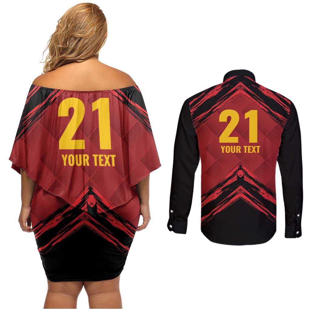 Custom Caribbean Cricket Trinidad and Tobago Cricket Couples Matching Off Shoulder Short Dress and Long Sleeve Button Shirt TKR Champions 2025 Red Edition - Wonder Print Shop