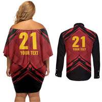Custom Caribbean Cricket Trinidad and Tobago Cricket Couples Matching Off Shoulder Short Dress and Long Sleeve Button Shirt TKR Champions 2025 Red Edition - Wonder Print Shop