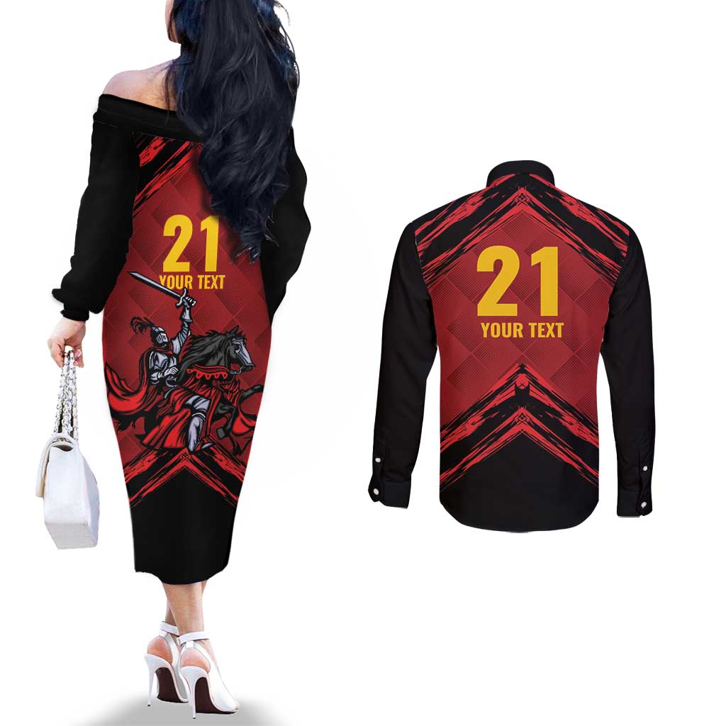 Custom Caribbean Cricket Trinidad and Tobago Cricket Couples Matching Off The Shoulder Long Sleeve Dress and Long Sleeve Button Shirt TKR Champions 2025 Red Edition - Wonder Print Shop