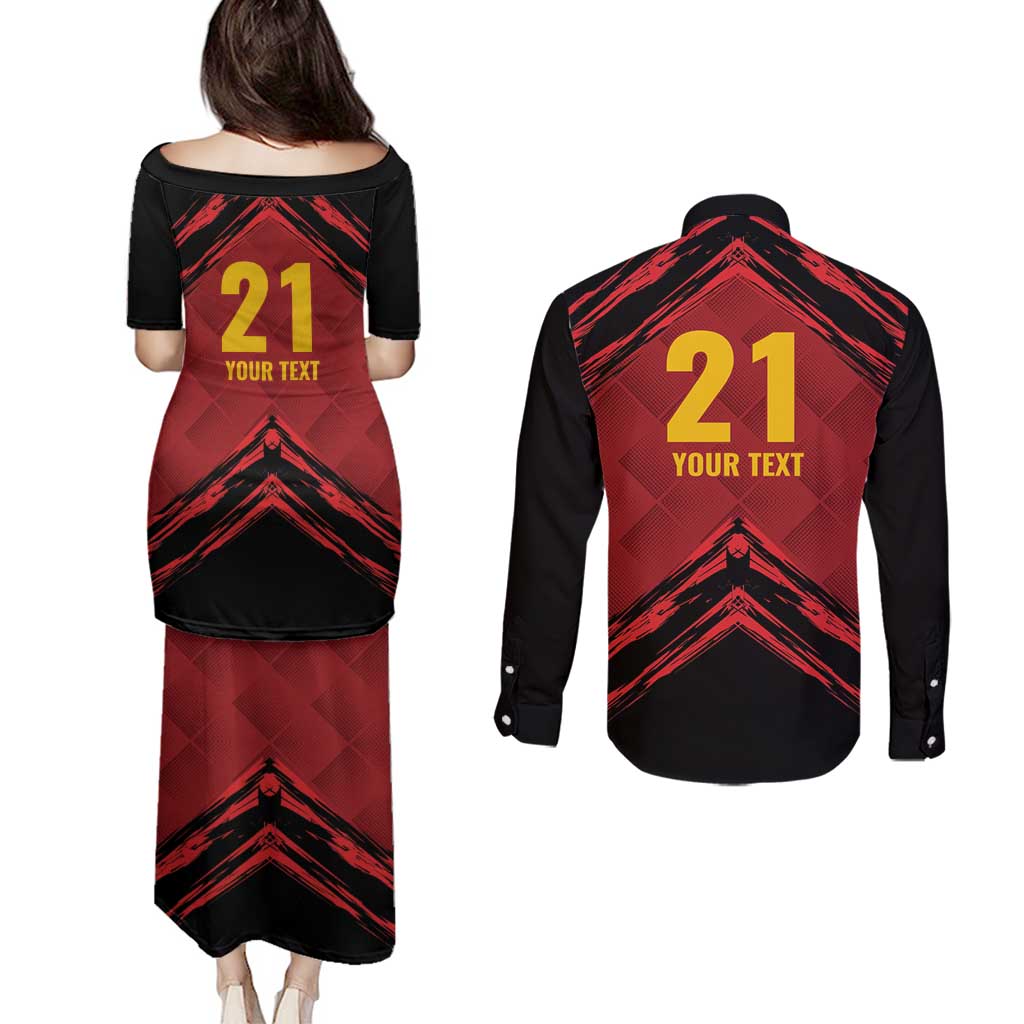 Custom Caribbean Cricket Trinidad and Tobago Cricket Couples Matching Puletasi and Long Sleeve Button Shirt TKR Champions 2025 Red Edition - Wonder Print Shop