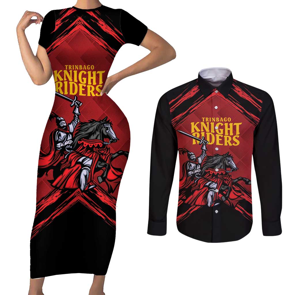 Custom Caribbean Cricket Trinidad and Tobago Cricket Couples Matching Short Sleeve Bodycon Dress and Long Sleeve Button Shirt TKR Champions 2025 Red Edition - Wonder Print Shop