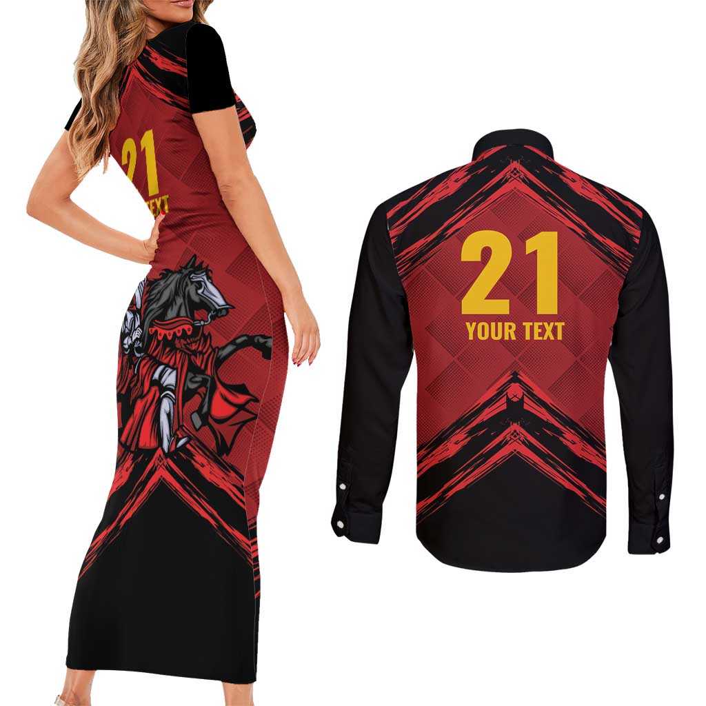Custom Caribbean Cricket Trinidad and Tobago Cricket Couples Matching Short Sleeve Bodycon Dress and Long Sleeve Button Shirt TKR Champions 2025 Red Edition - Wonder Print Shop