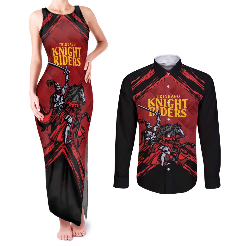 Custom Caribbean Cricket Trinidad and Tobago Cricket Couples Matching Tank Maxi Dress and Long Sleeve Button Shirt TKR Champions 2025 Red Edition - Wonder Print Shop