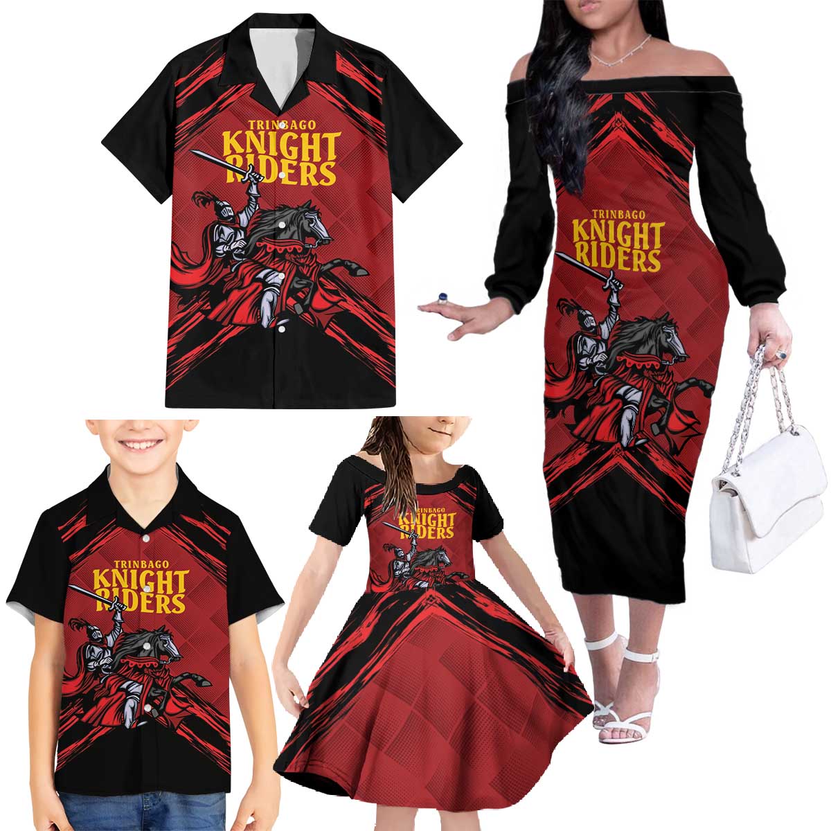 Custom Caribbean Cricket Trinidad and Tobago Cricket Family Matching Off The Shoulder Long Sleeve Dress and Hawaiian Shirt TKR Champions 2025 Red Edition - Wonder Print Shop
