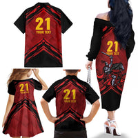 Custom Caribbean Cricket Trinidad and Tobago Cricket Family Matching Off The Shoulder Long Sleeve Dress and Hawaiian Shirt TKR Champions 2025 Red Edition - Wonder Print Shop