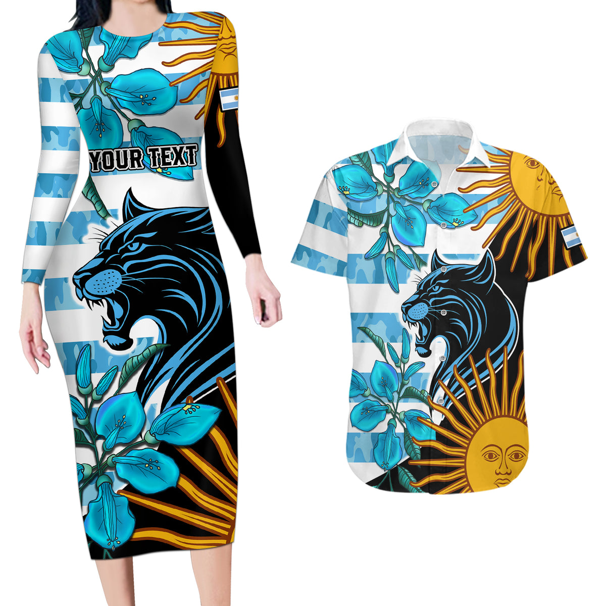 Personalised Argentina Couples Matching Long Sleeve Bodycon Dress and Hawaiian Shirt Los Pumas and Sol de Mayo Ceibo Flowers LT9 - Wonder Print Shop