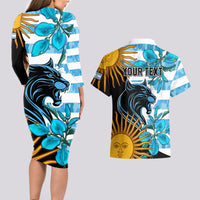 Personalised Argentina Couples Matching Long Sleeve Bodycon Dress and Hawaiian Shirt Los Pumas and Sol de Mayo Ceibo Flowers LT9 - Wonder Print Shop