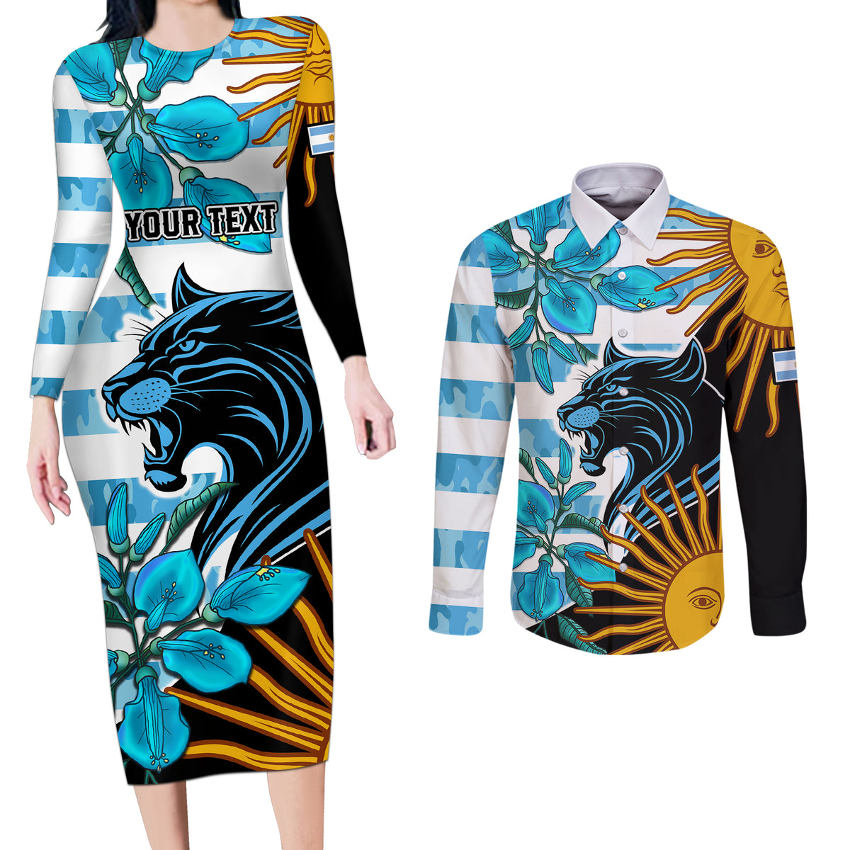 Personalised Argentina Couples Matching Long Sleeve Bodycon Dress and Long Sleeve Button Shirts Los Pumas and Sol de Mayo Ceibo Flowers LT9 - Wonder Print Shop