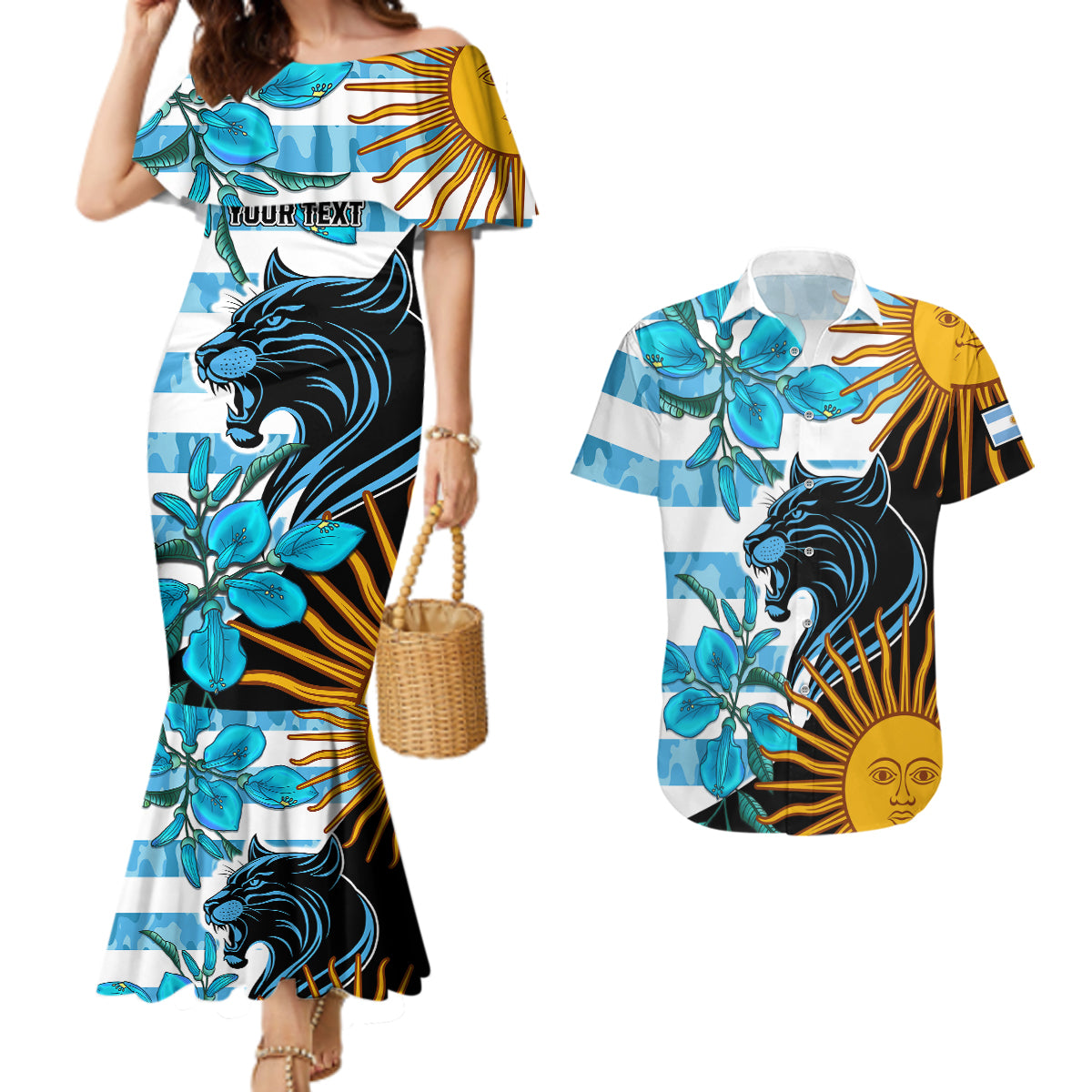 Personalised Argentina Couples Matching Mermaid Dress and Hawaiian Shirt Los Pumas and Sol de Mayo Ceibo Flowers LT9 - Wonder Print Shop