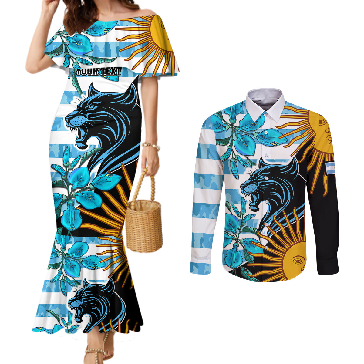 personalised-argentina-couples-matching-mermaid-dress-and-long-sleeve-button-shirts-los-pumas-and-sol-de-mayo-ceibo-flowers