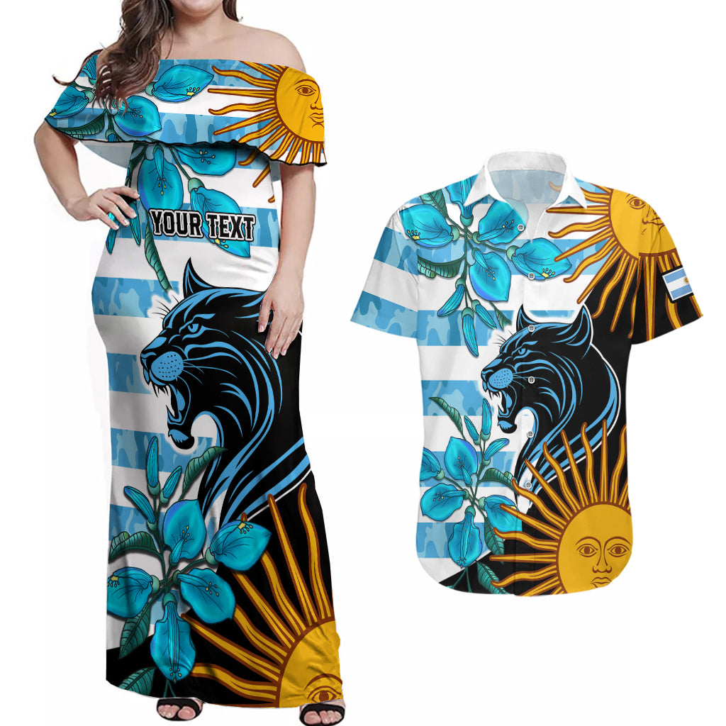 Personalised Argentina Couples Matching Off Shoulder Maxi Dress and Hawaiian Shirt Los Pumas and Sol de Mayo Ceibo Flowers LT9 - Wonder Print Shop