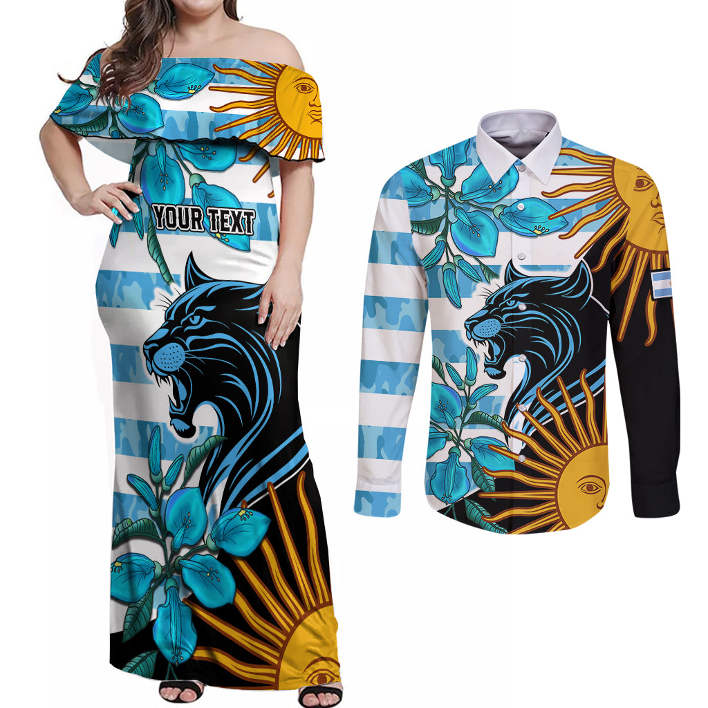 Personalised Argentina Couples Matching Off Shoulder Maxi Dress and Long Sleeve Button Shirts Los Pumas and Sol de Mayo Ceibo Flowers LT9 - Wonder Print Shop