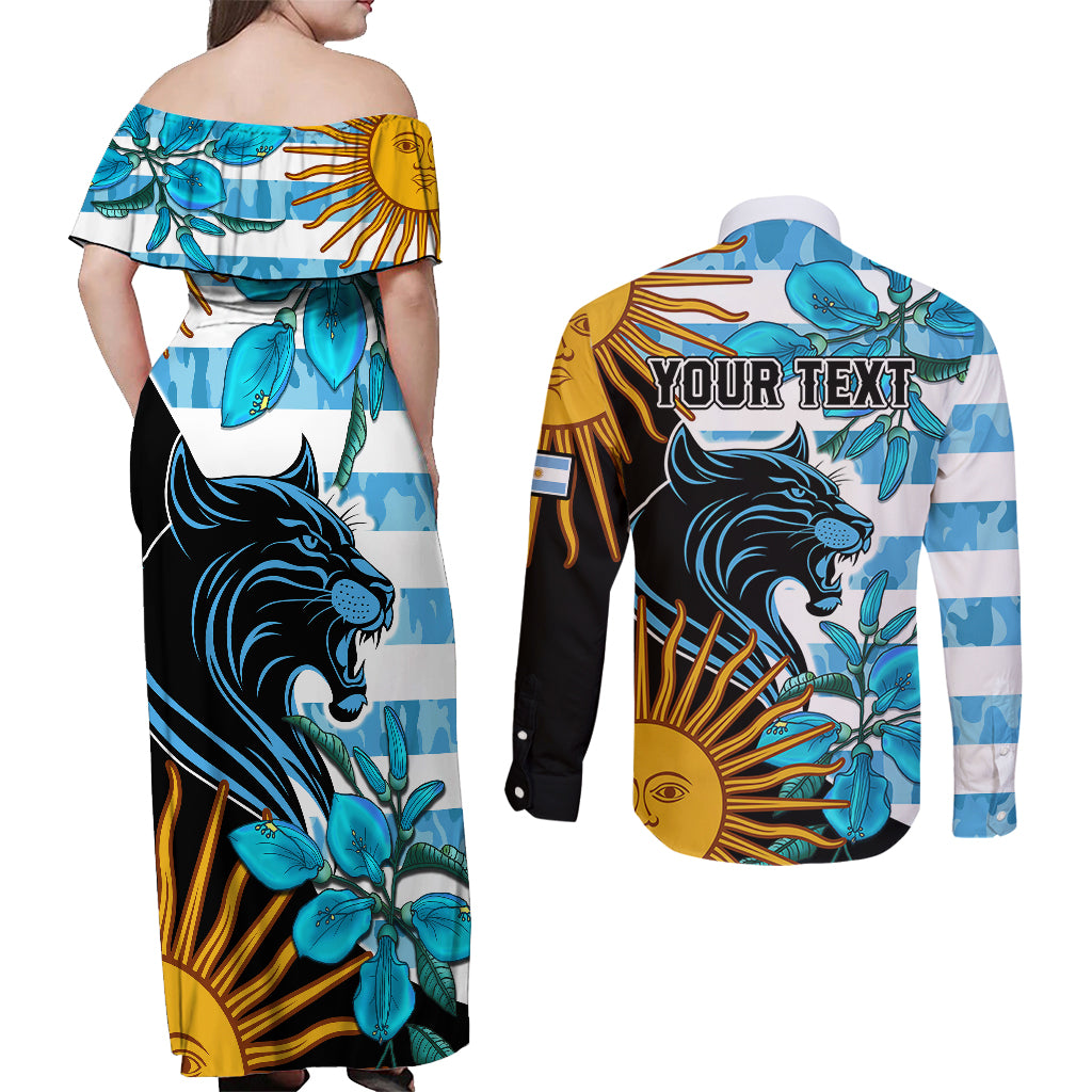 Personalised Argentina Couples Matching Off Shoulder Maxi Dress and Long Sleeve Button Shirts Los Pumas and Sol de Mayo Ceibo Flowers LT9 - Wonder Print Shop