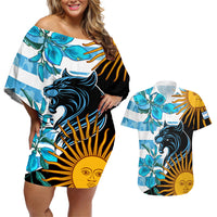 Personalised Argentina Couples Matching Off Shoulder Short Dress and Hawaiian Shirt Los Pumas and Sol de Mayo Ceibo Flowers LT9 - Wonder Print Shop
